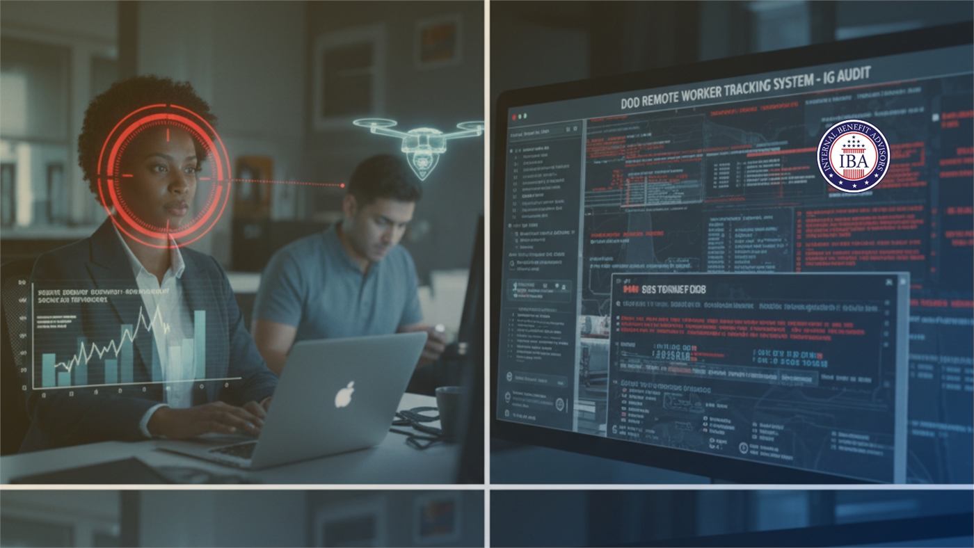 Analysts at laptops beside a screen headed DoD Remote Worker Tracking System, IG Audit