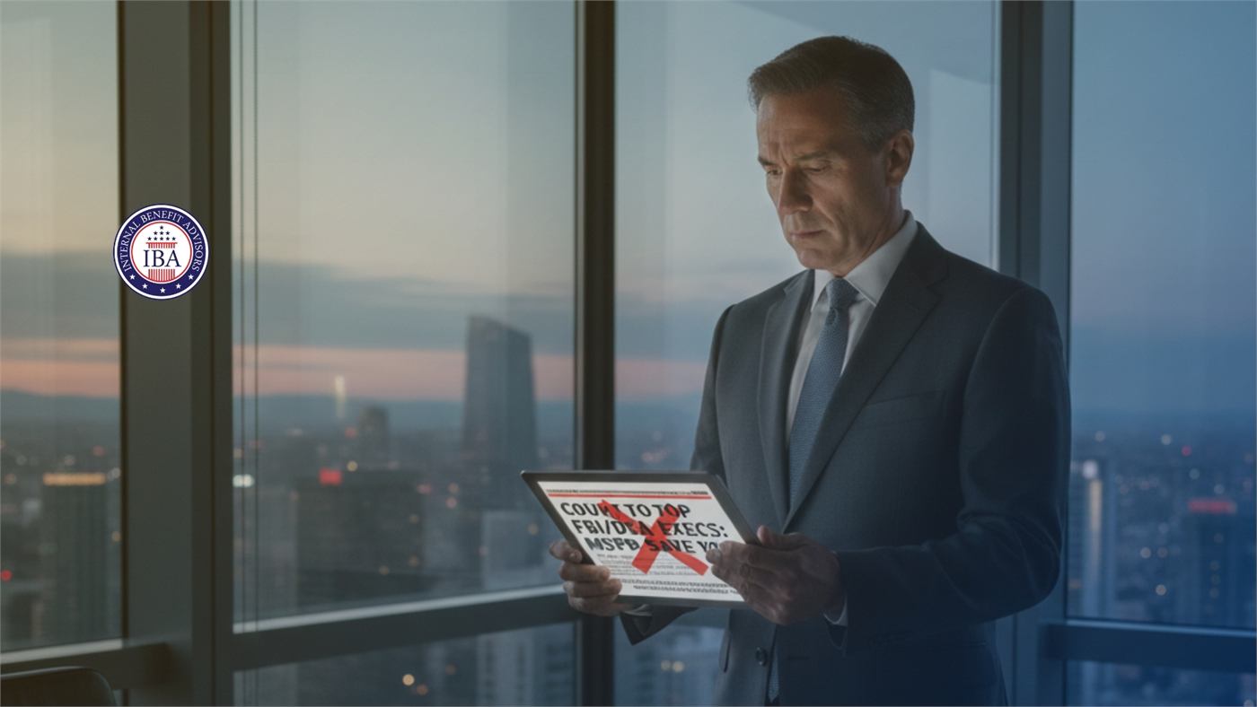 A man in a suit at a night-time office window reading a tablet marked with a red cross