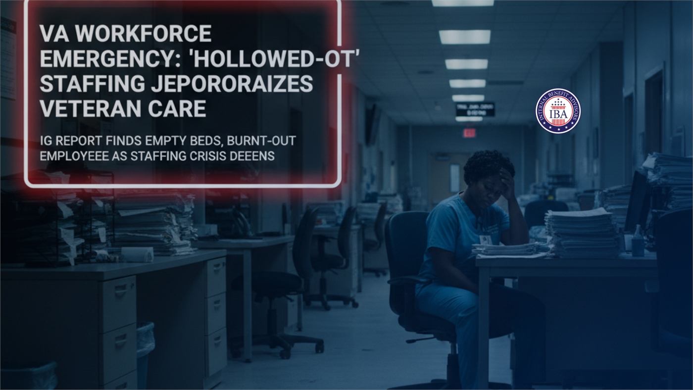 A dim, nearly empty hospital office beneath a banner reading VA Workforce Emergency: Hollowed-Out Staffing Jeopardizes Veteran Care