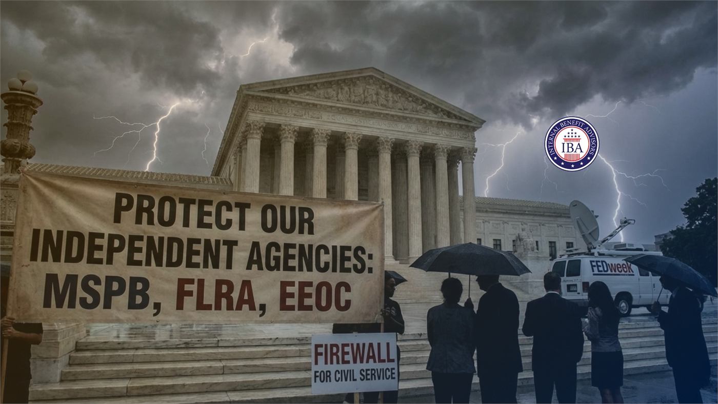 A banner reading Protect Our Independent Agencies: MSPB, FLRA, EEOC in front of the Supreme Court under a stormy sky
