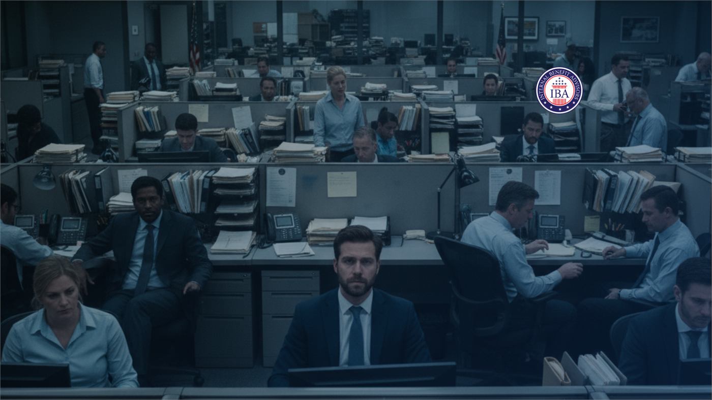 A large open-plan government office full of workers at desks stacked with files