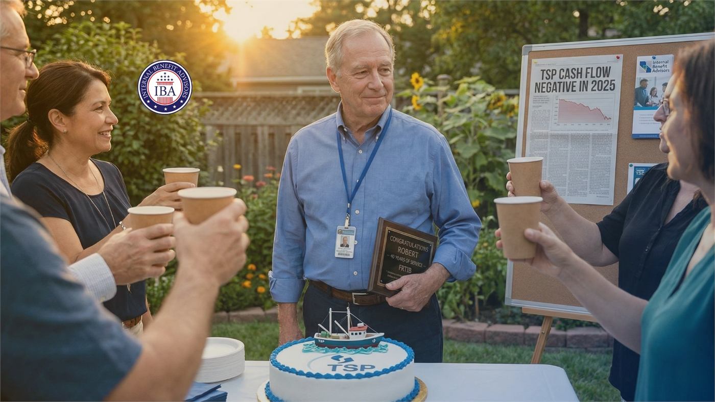 Colleagues raising cups at an outdoor retirement gathering with a cake and a display board showing TSP cash flow