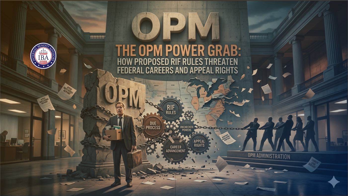 An illustration headed The OPM Power Grab: How Proposed RIF Rules Threaten Federal Careers and Appeal Rights, with a figure walking past a crumbling OPM facade