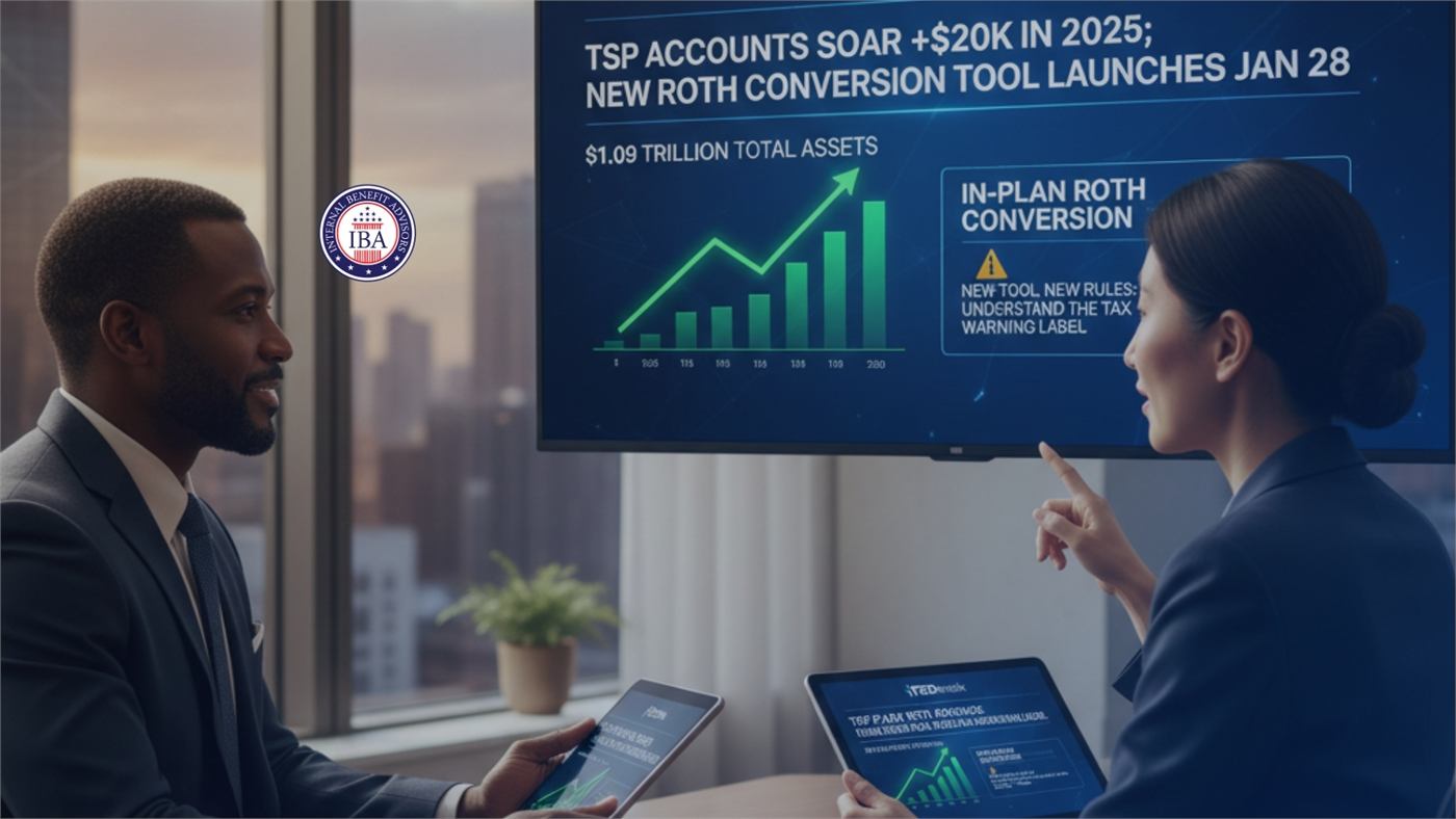 A woman presenting to a colleague beside a screen reading TSP Accounts Soar Plus 20,000 Dollars in 2025 and New Roth Conversion Tool Launches Jan 28