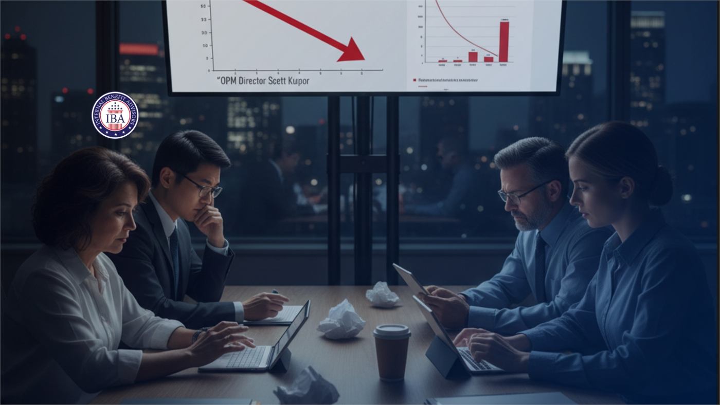 Colleagues around a table at night beneath a screen showing a falling red chart attributed to the OPM Director