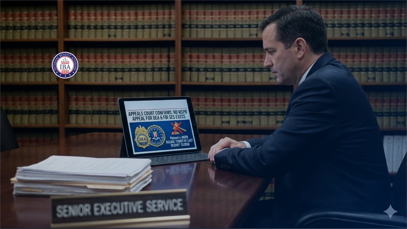 A man in a suit at a desk in a law library, beside a screen about an appeals court ruling on FLRA and Federal Service Labor-Management Relations Statute appeals