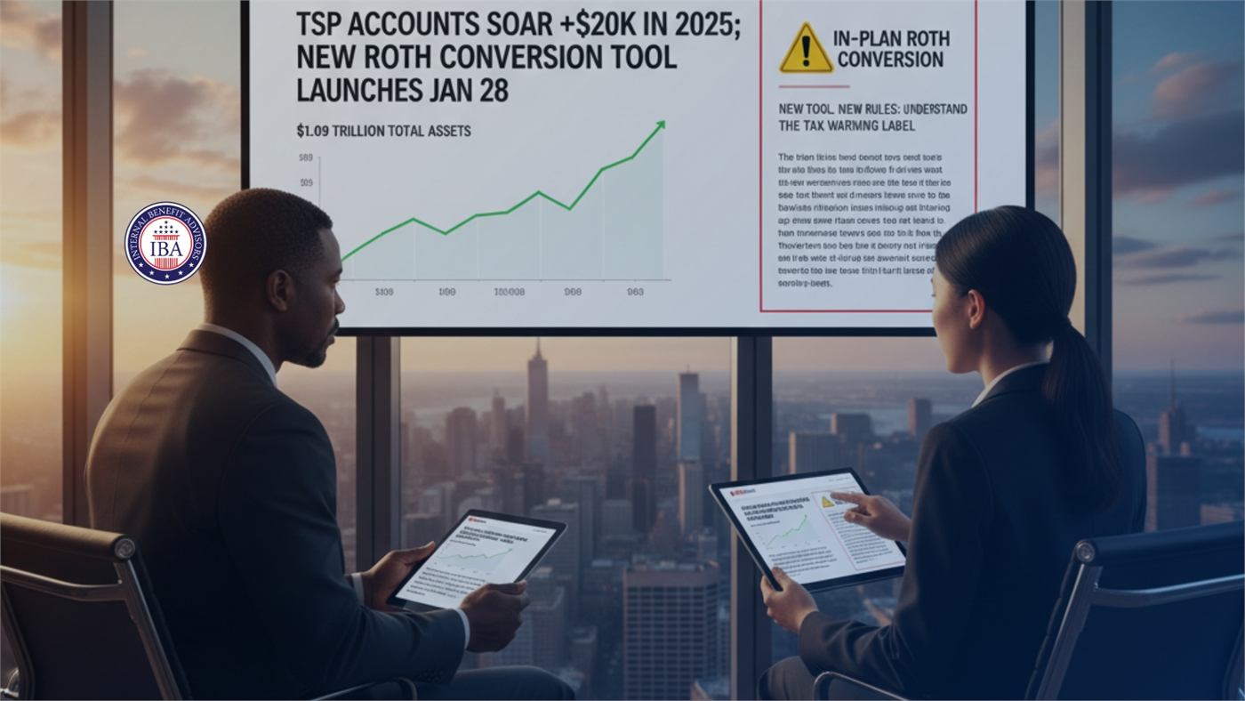 Two colleagues with tablets in a high-rise office beside a screen reading TSP Accounts Soar Plus 20,000 Dollars in 2025 and New Roth Conversion Tool Launches Jan 28