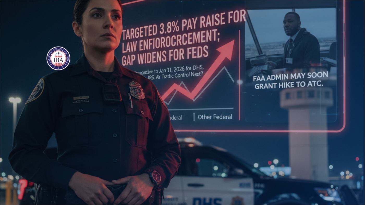 A uniformed federal officer at night beside a panel reading Targeted 3.8 Percent Pay Raise for Law Enforcement, Gap Widens for Feds