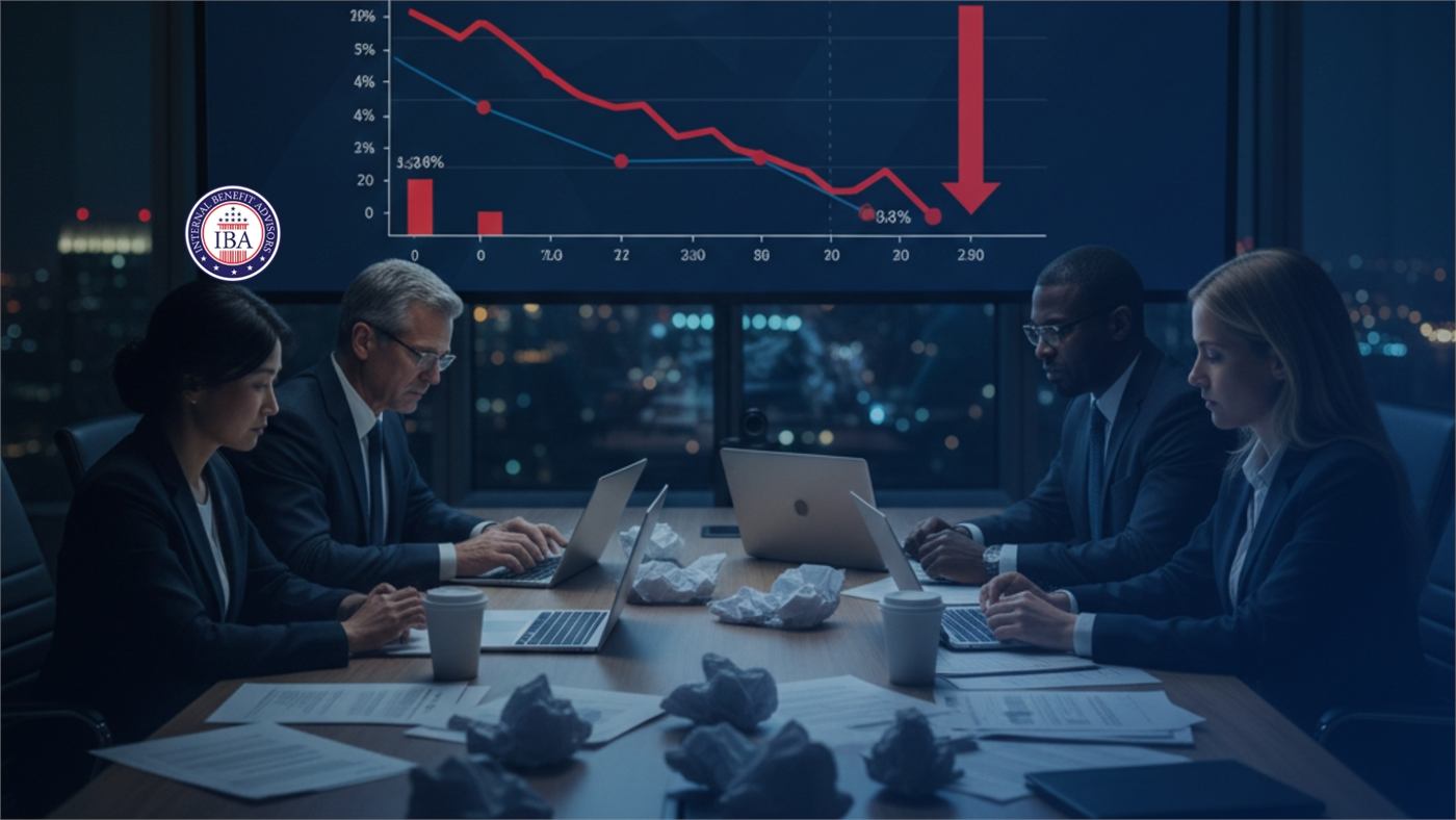 Colleagues around a boardroom table at night beneath a falling red chart
