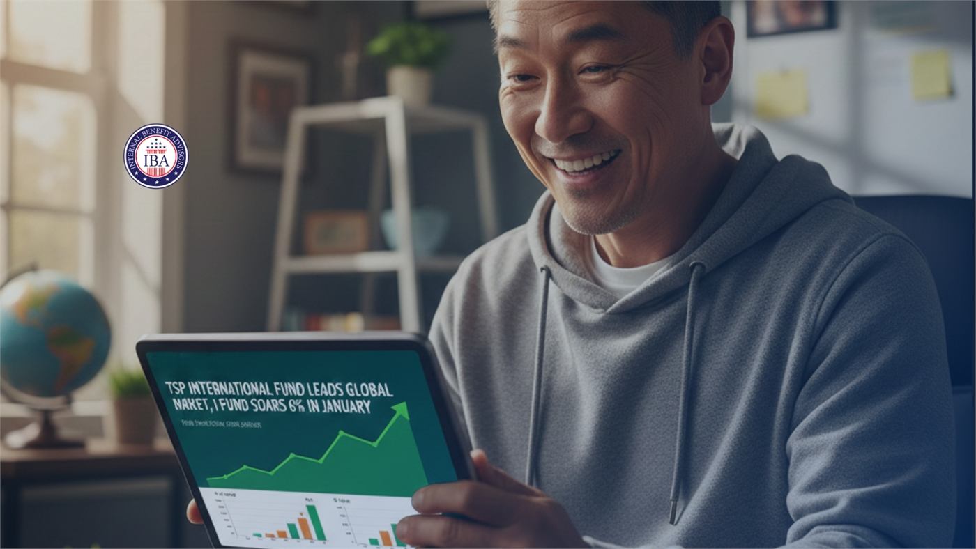 A man smiling at a tablet showing a chart headed TSP International Fund Leads Global Market, I Fund Soars in January