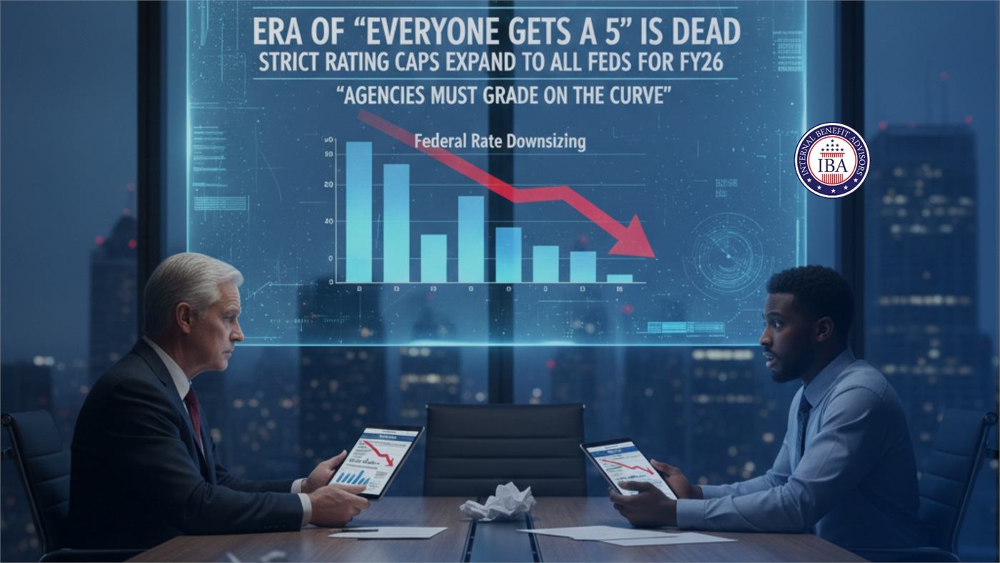 Two men at a boardroom table beneath a screen reading The Era of Everyone Gets a 5 Is Dead, Strict Rating Caps Expand to All Feds for FY26