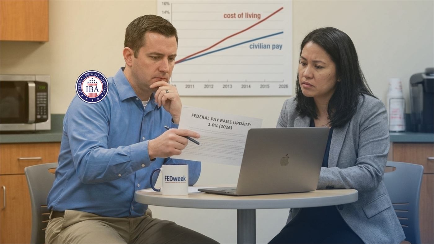 Two colleagues at a laptop in a break room beside a chart comparing cost of living with civilian pay