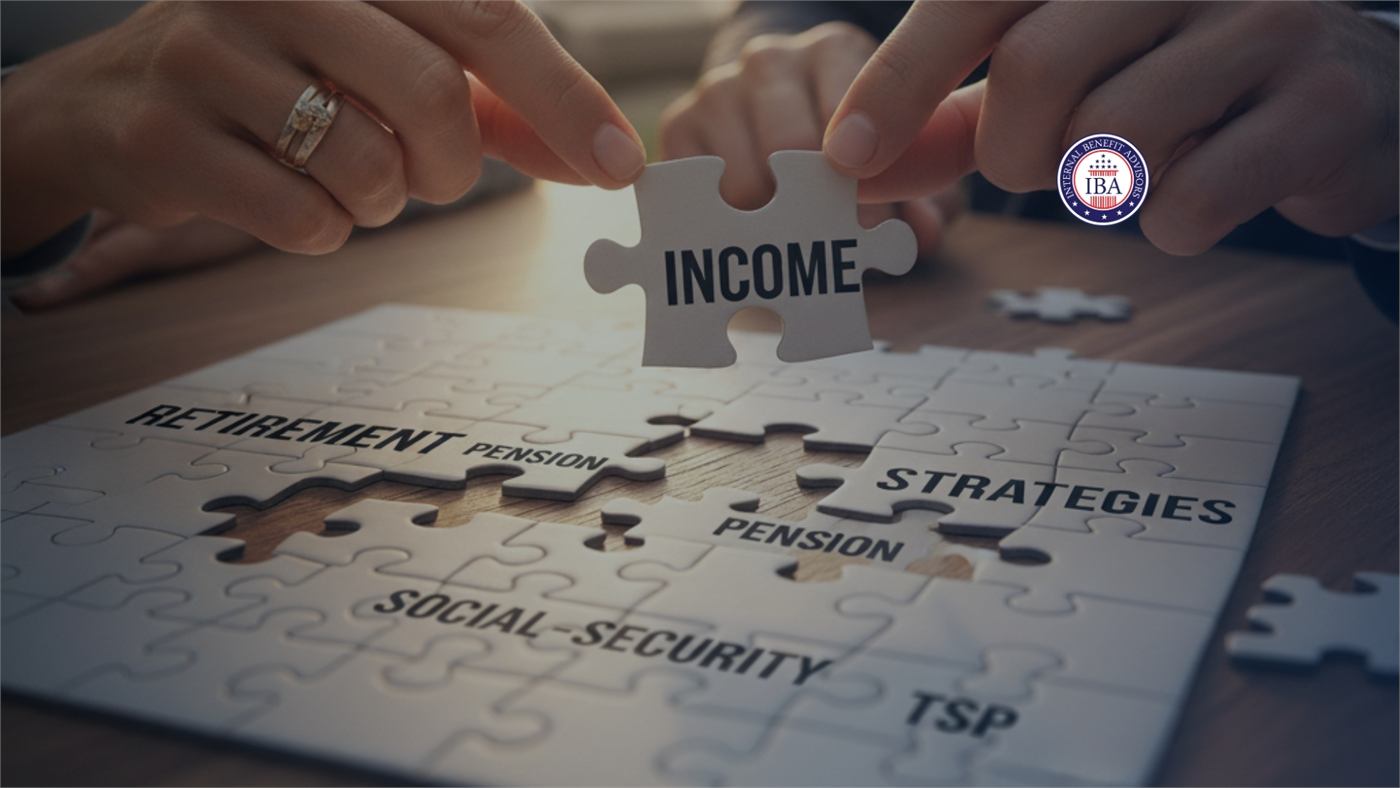 Hands fitting a puzzle piece labelled Income into a puzzle reading Retirement Strategies, Pension, Social Security and TSP