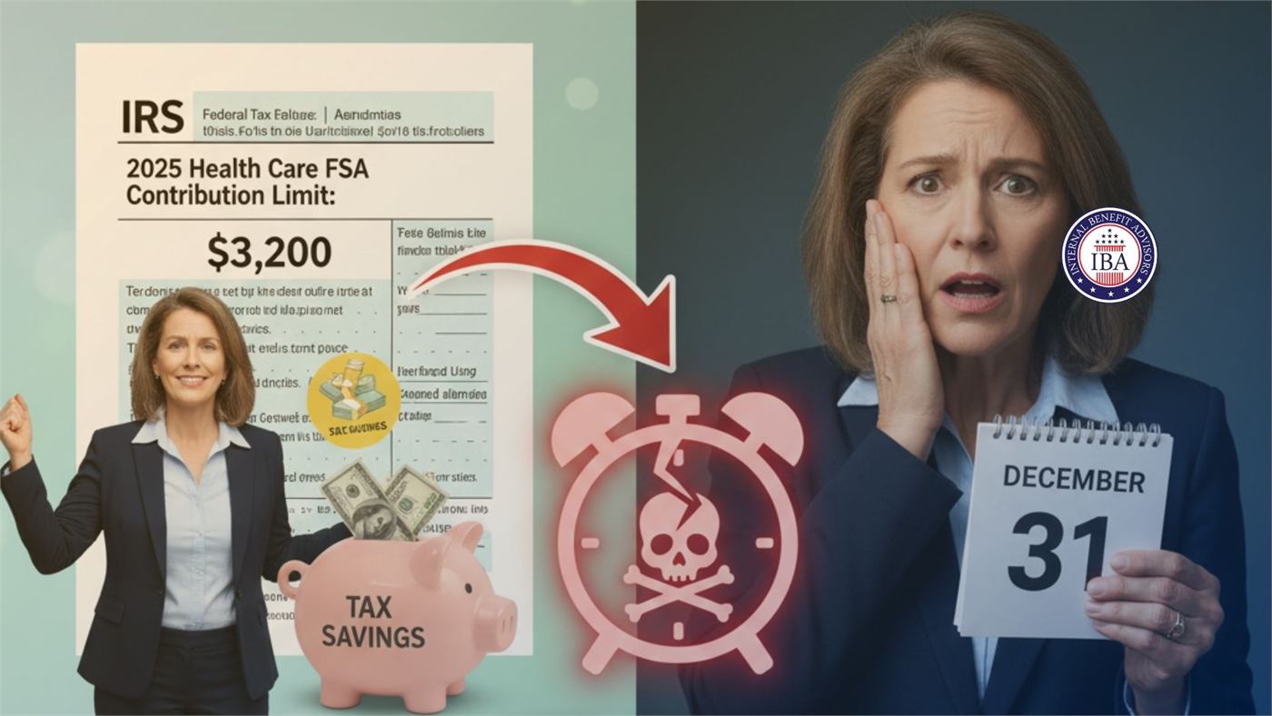 A woman gesturing at an IRS notice showing a 2025 health care FSA contribution limit of 3,200 dollars, beside another woman holding a December 31 calendar page