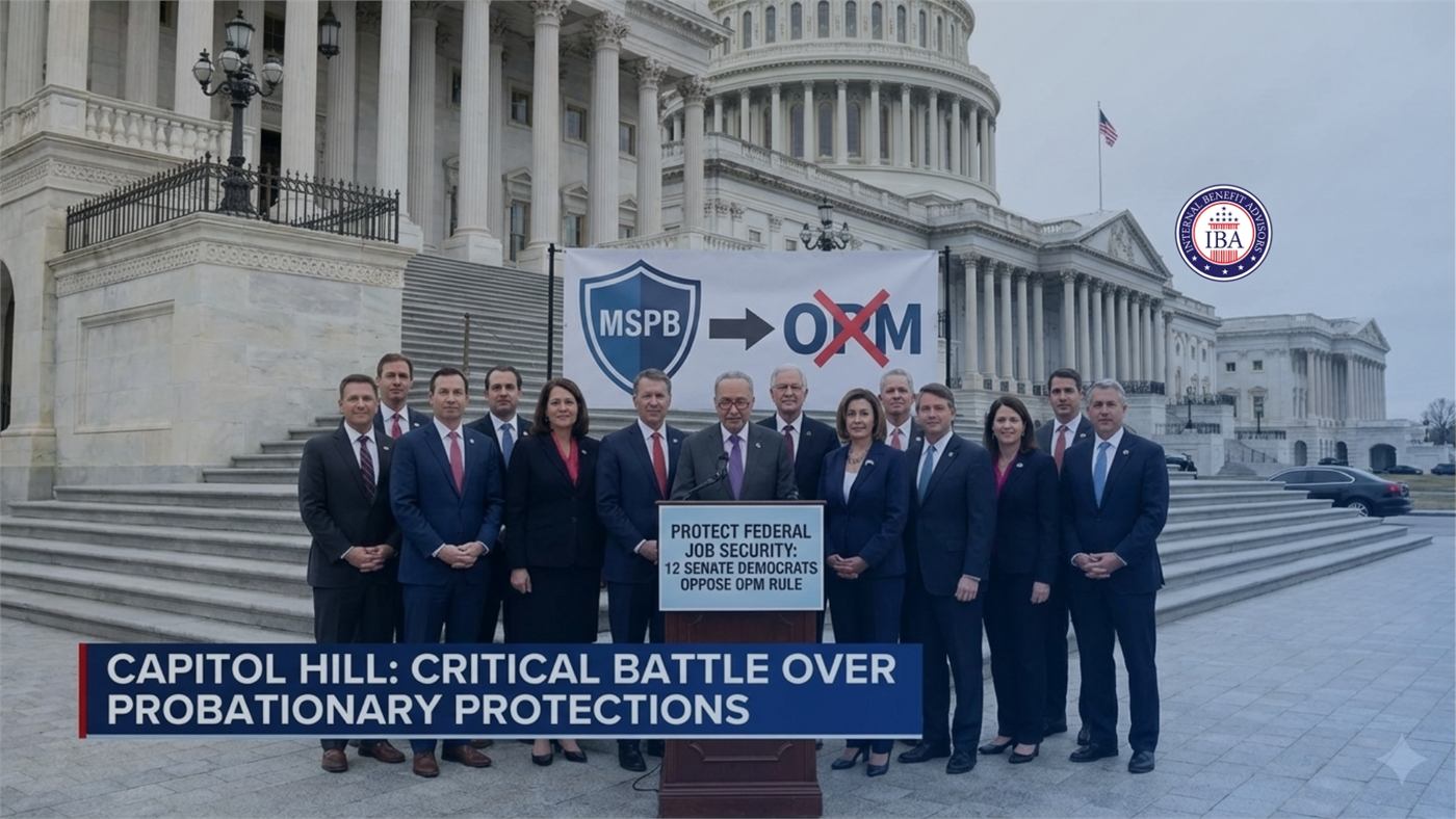 Legislators standing outside the Capitol behind a banner reading Protect Federal Job Security: 12 Senate Democrats Oppose OPM Rule, with a caption on probationary protections