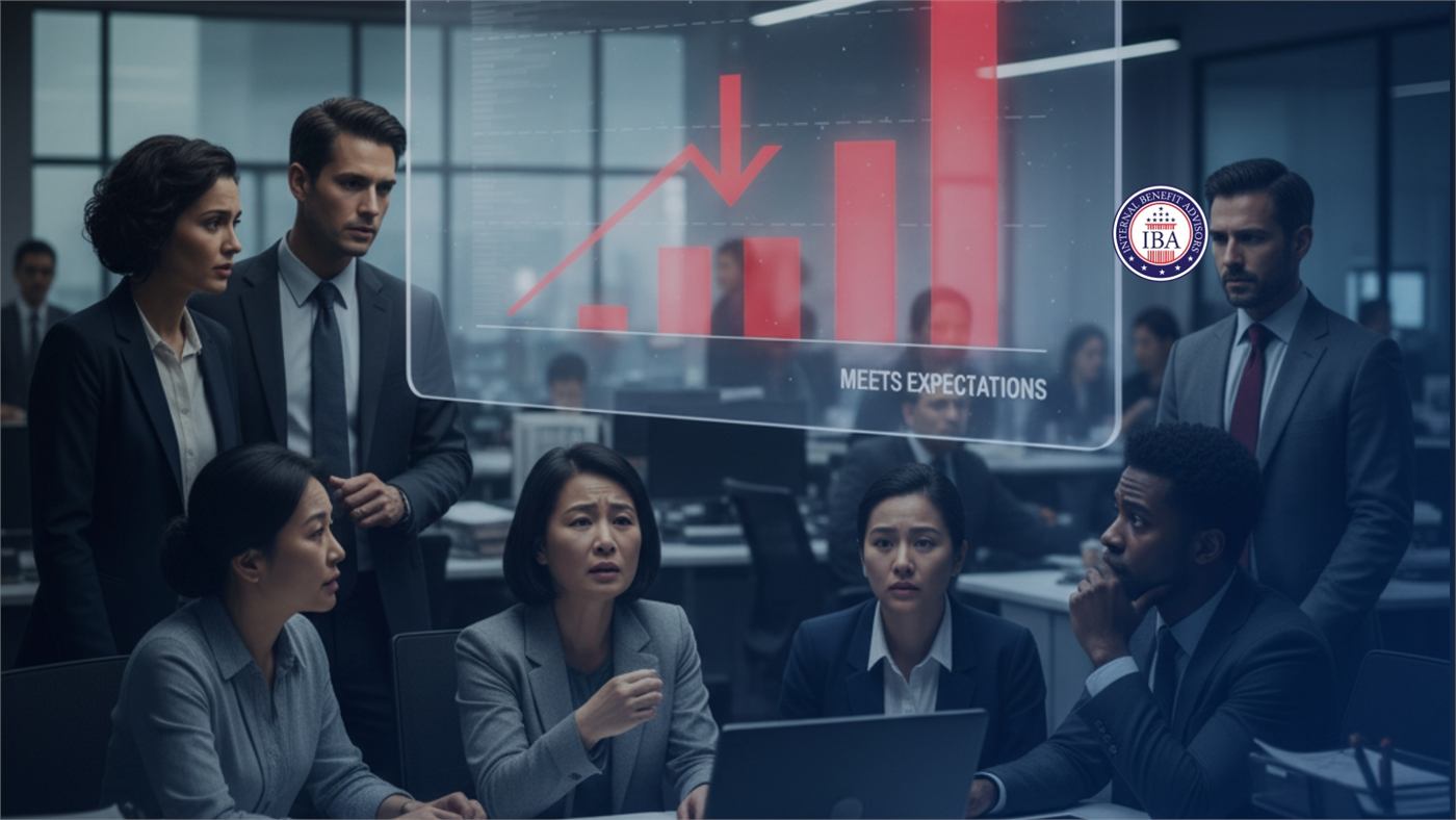 Colleagues in an office looking at a screen showing a performance rating chart marked Meets Expectations