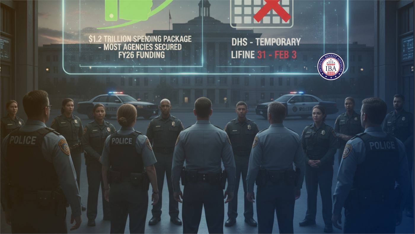 Police and federal officers standing in a line at night beneath panels about a 1.2 trillion dollar spending package and temporary DHS funding