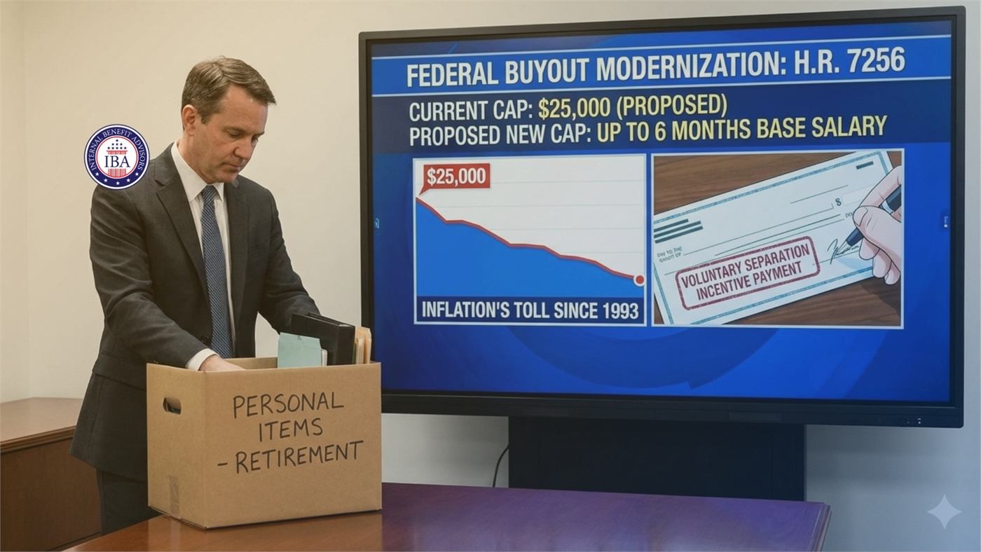 A man carrying a box marked Personal Items, Retirement past a screen reading Federal Buyout Modernization H.R. 7256, current cap 25,000 dollars, proposed up to six months base salary