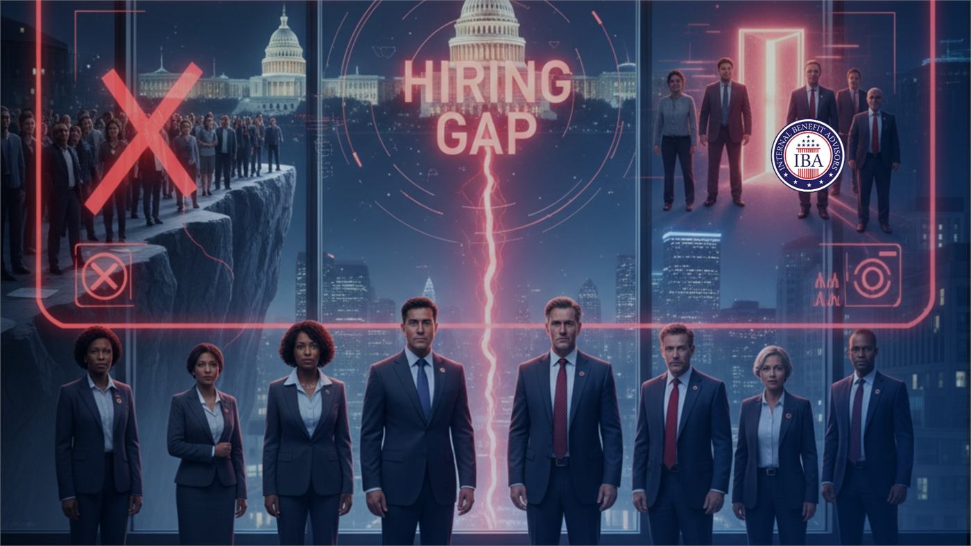 Rows of federal employees separated by a red line beneath the words Hiring Gap, with the Capitol behind