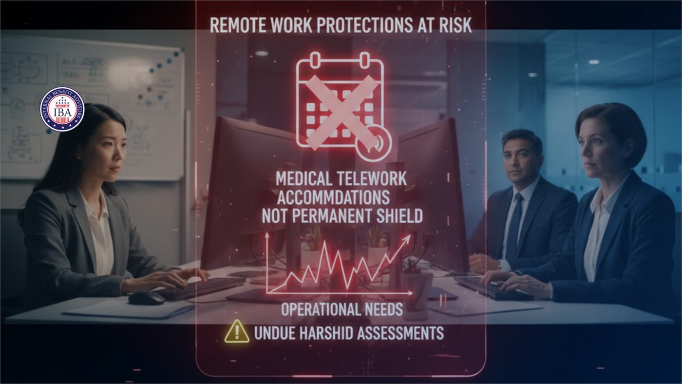 A woman at a desk beside a panel reading Remote Work Protections at Risk: Medical Telework Accommodations Not a Permanent Shield