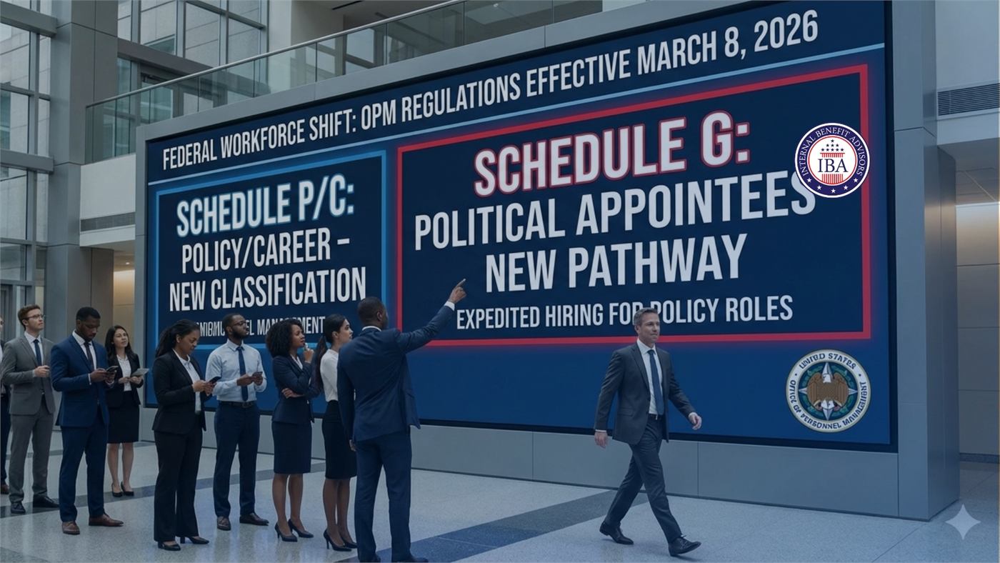 Federal employees in a lobby before screens reading Schedule P/C Policy/Career New Classification and Schedule G: Political Appointees New Pathway