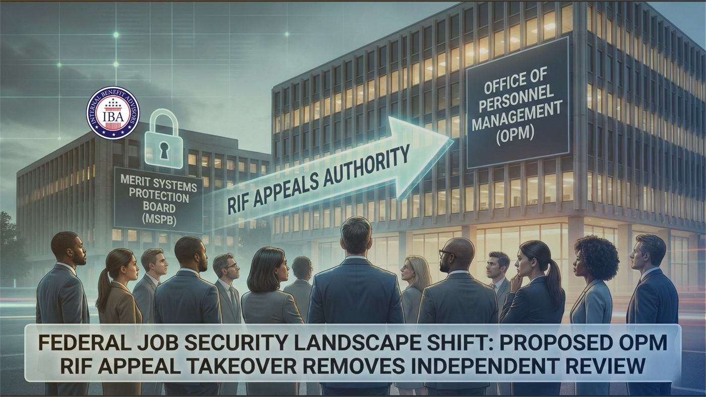 Federal employees outside the Office of Personnel Management beneath a caption reading Federal Job Security Landscape Shift: Proposed OPM RIF Appeal Takeover Removes Independent Review
