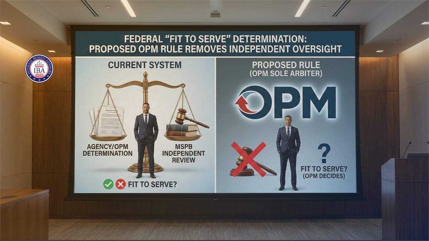 A screen comparing the current system of MSPB independent review with a proposed rule making OPM sole arbiter of fit to serve determinations