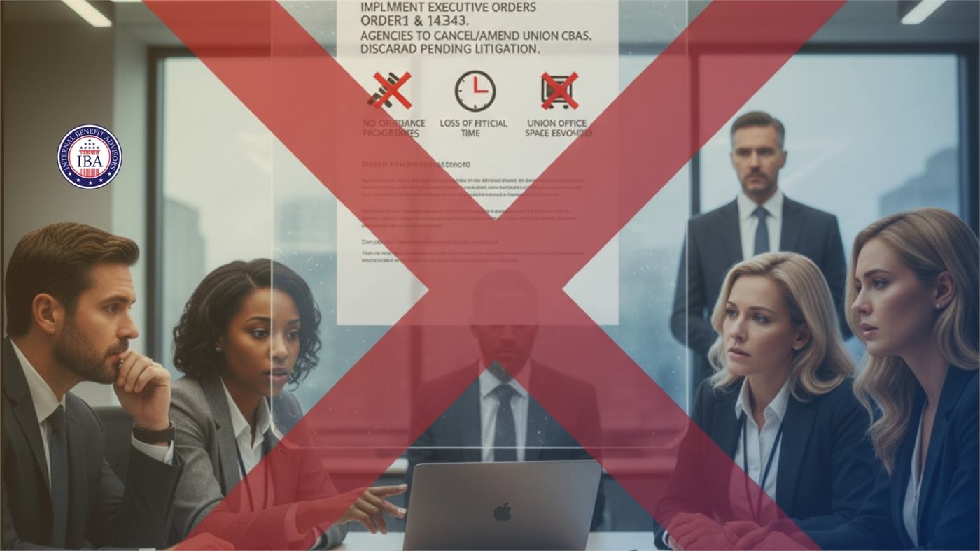 Colleagues in an office behind a large red cross, beneath panels about executive orders directing agencies to cancel union collective bargaining agreements