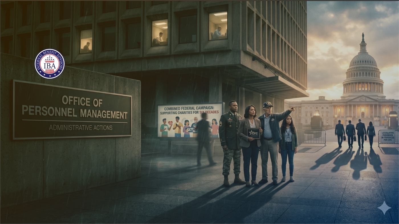 A sign reading Office of Personnel Management outside a building at dusk, with people gathered beyond it and the Capitol behind