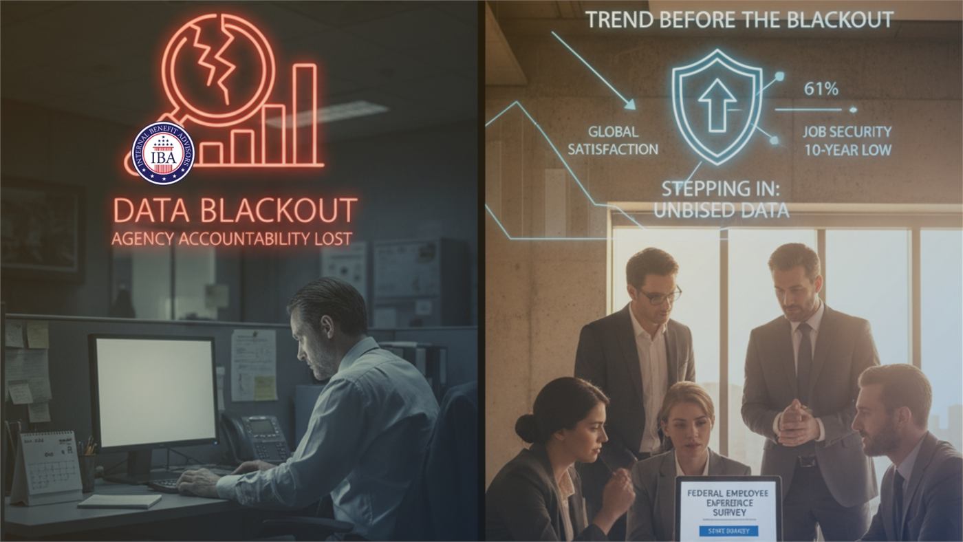 A panel headed Data Blackout, Agency Accountability Lost, showing a survey trend of job security at a ten-year low