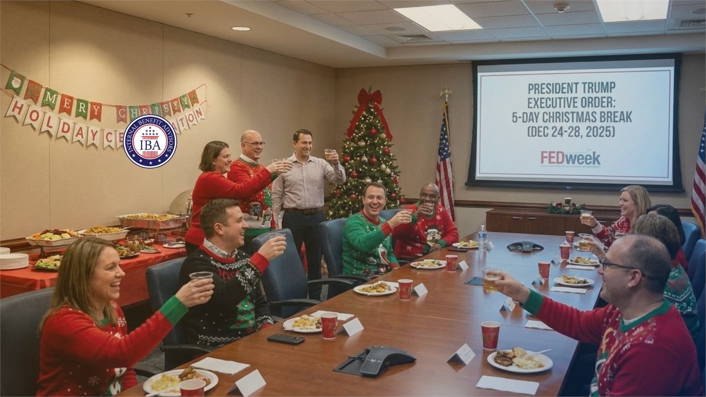 Colleagues raising drinks at an office holiday gathering beneath a screen about an executive order granting a five-day Christmas break
