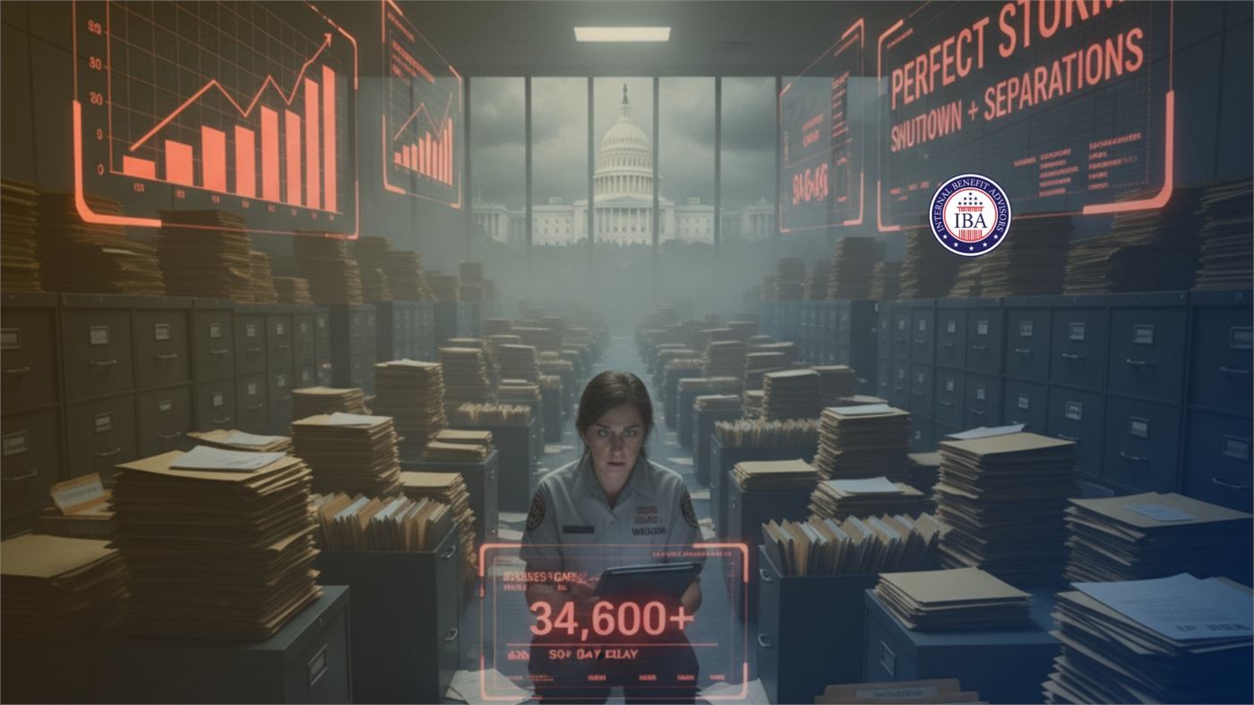 A woman among stacks of files in a records room beneath a panel reading Perfect Storm: Shutdown Plus Separations