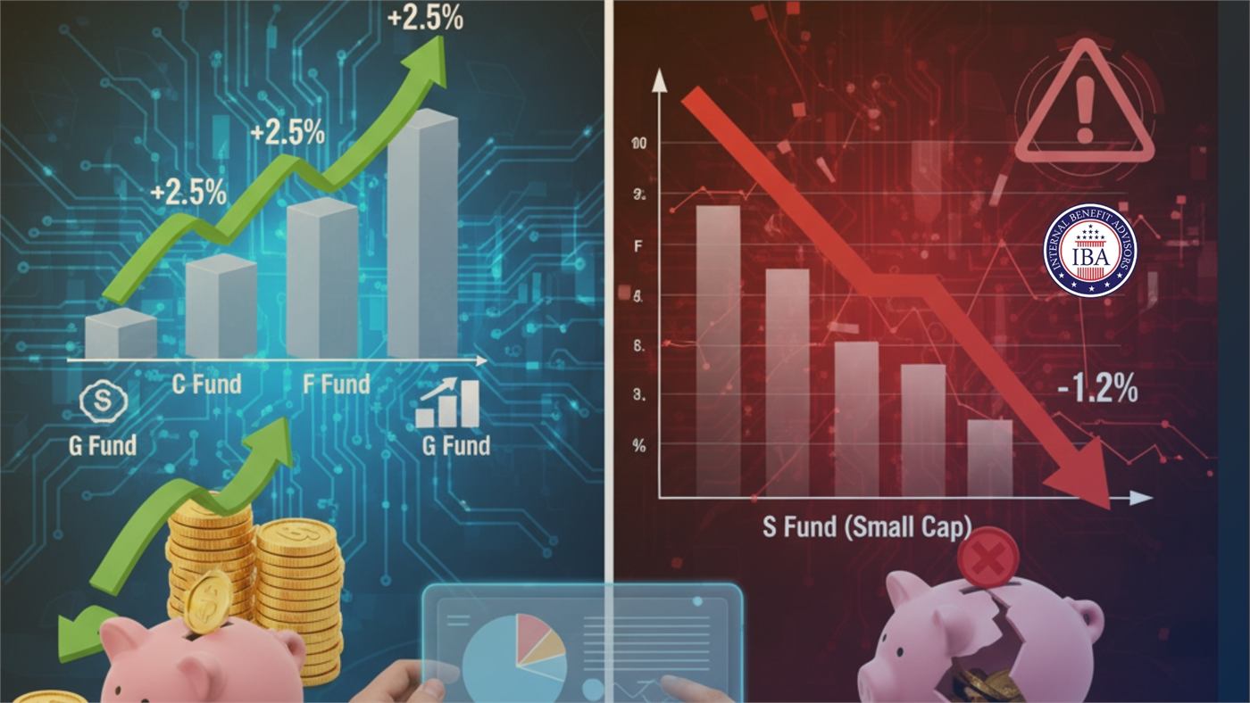 A panel contrasting rising G, C and F Fund returns with a falling S Fund small cap chart, with piggy banks and coins