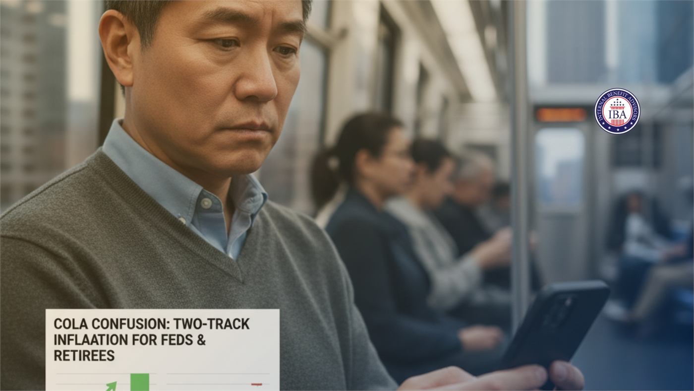 A man on a train reading his phone beneath a caption reading COLA Confusion: Two-Track Inflation for Feds and Retirees
