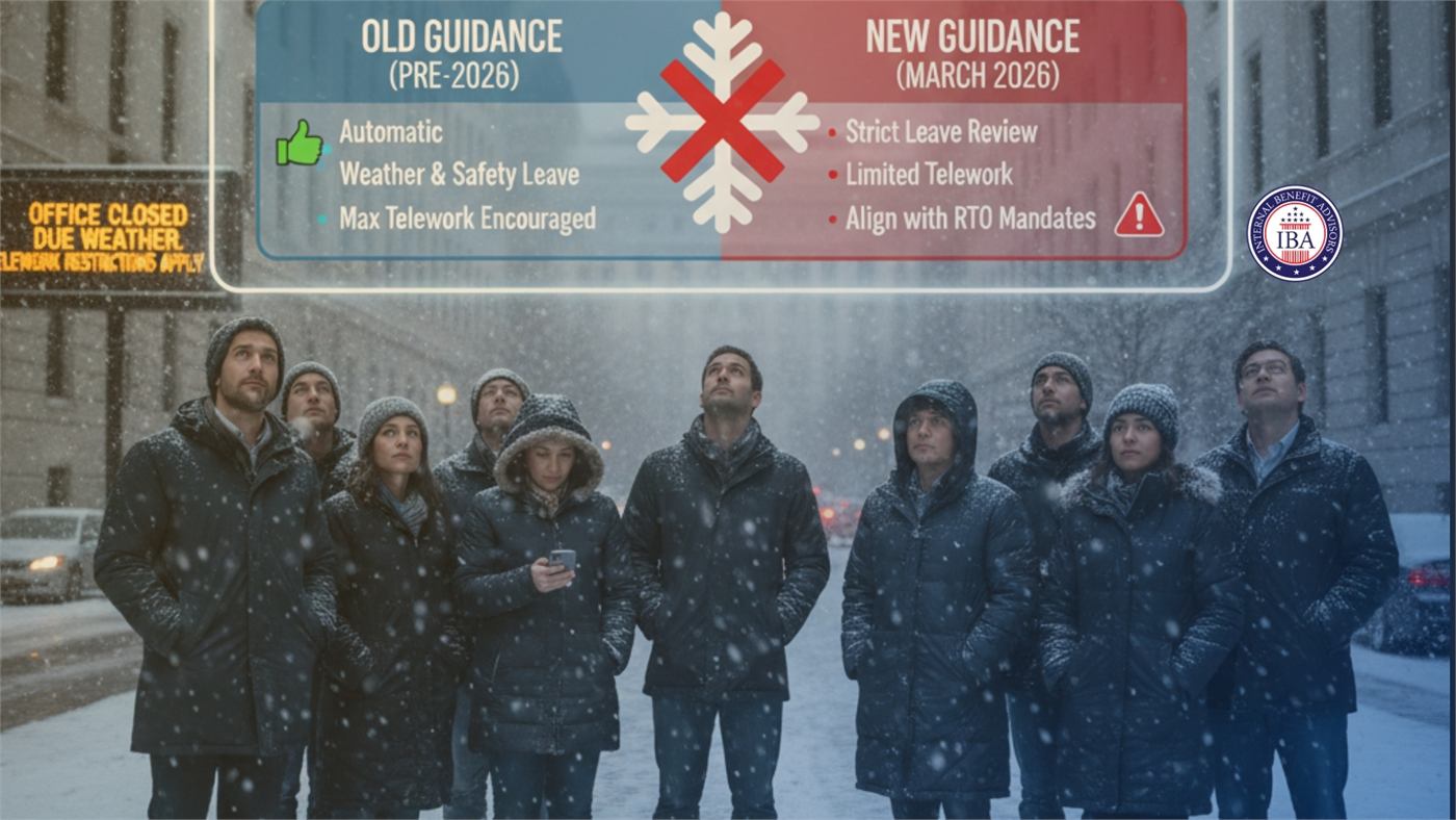 Federal employees standing outside in falling snow beneath a panel comparing old weather and safety leave guidance with new guidance requiring strict leave review