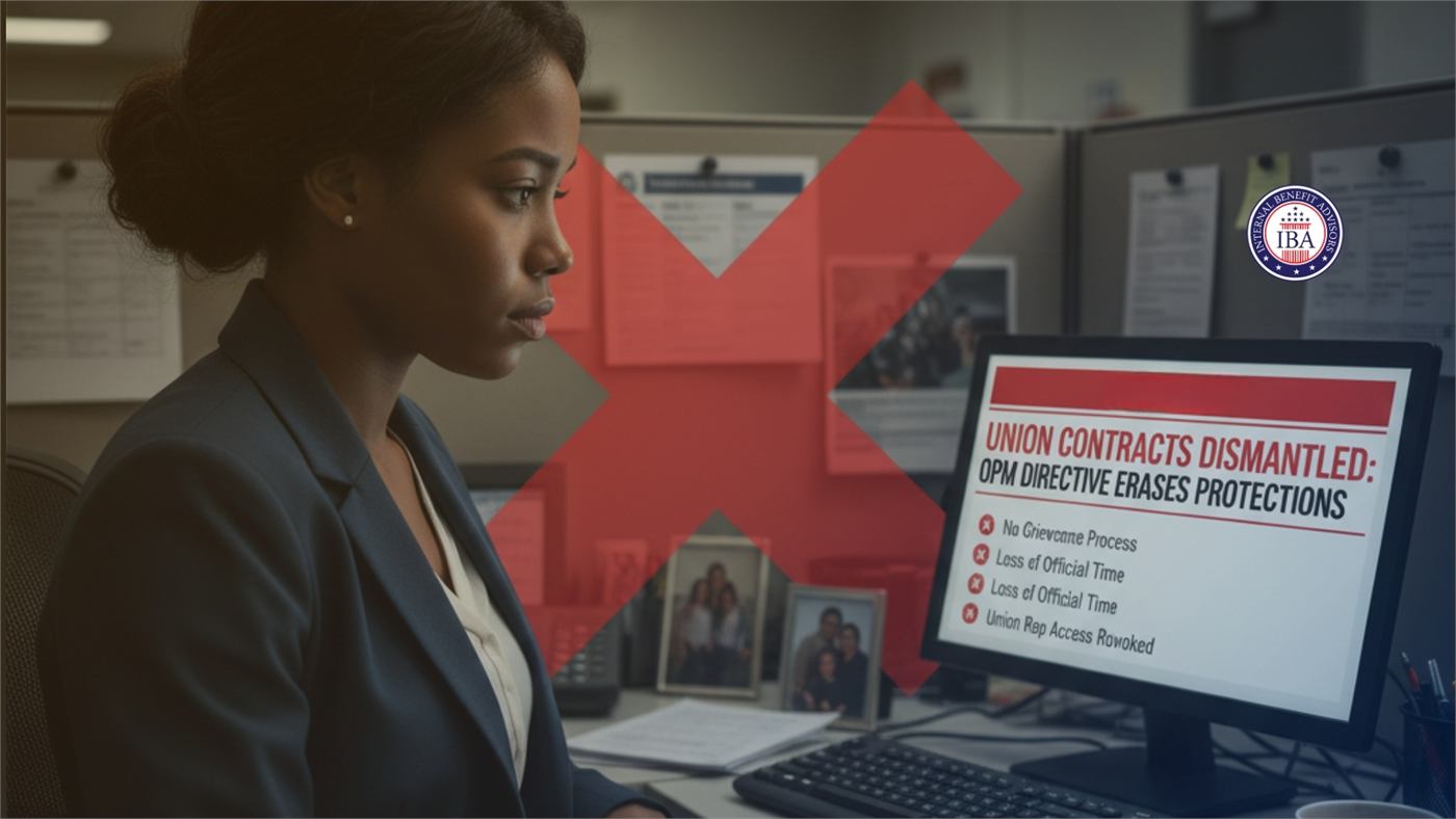 A woman at an office desk beside a screen reading Union Contracts Dismantled: OPM Directive Erases Protections