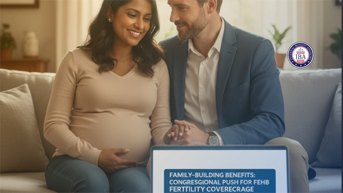 A pregnant woman and a man sitting together on a sofa beside a caption reading Family-Building Benefits: Congressional Push for FEHB Fertility Coverage