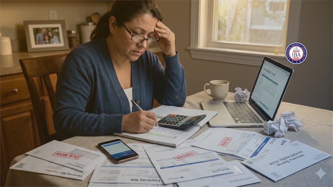 A woman at a kitchen table working through paperwork with a calculator and laptop
