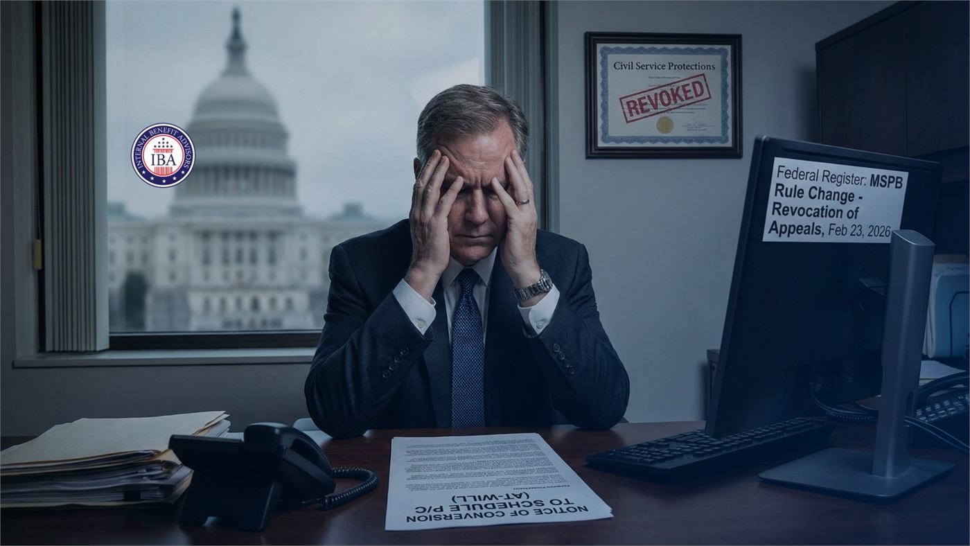 A man with his head in his hands at a desk, beside a panel reading Federal Register: MSPB Rule Change, Revocation of Appeals
