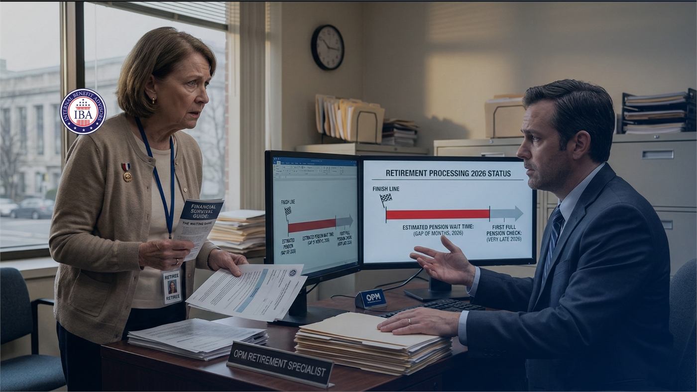 Two colleagues at a monitor showing Retirement Processing 2026 Status, with estimated pension wait times