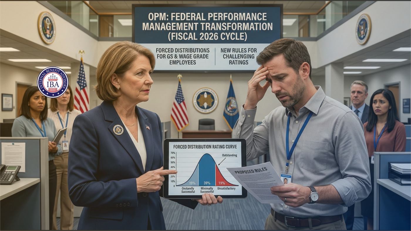 A woman presenting a forced distribution rating curve to a colleague beneath a banner reading OPM: Federal Performance Management Transformation, Fiscal 2026 Cycle