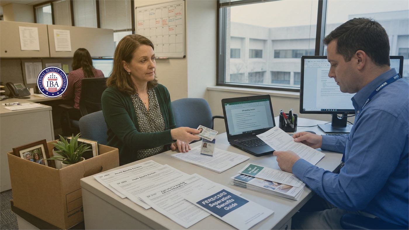 Two colleagues at a desk going through printed benefits paperwork together