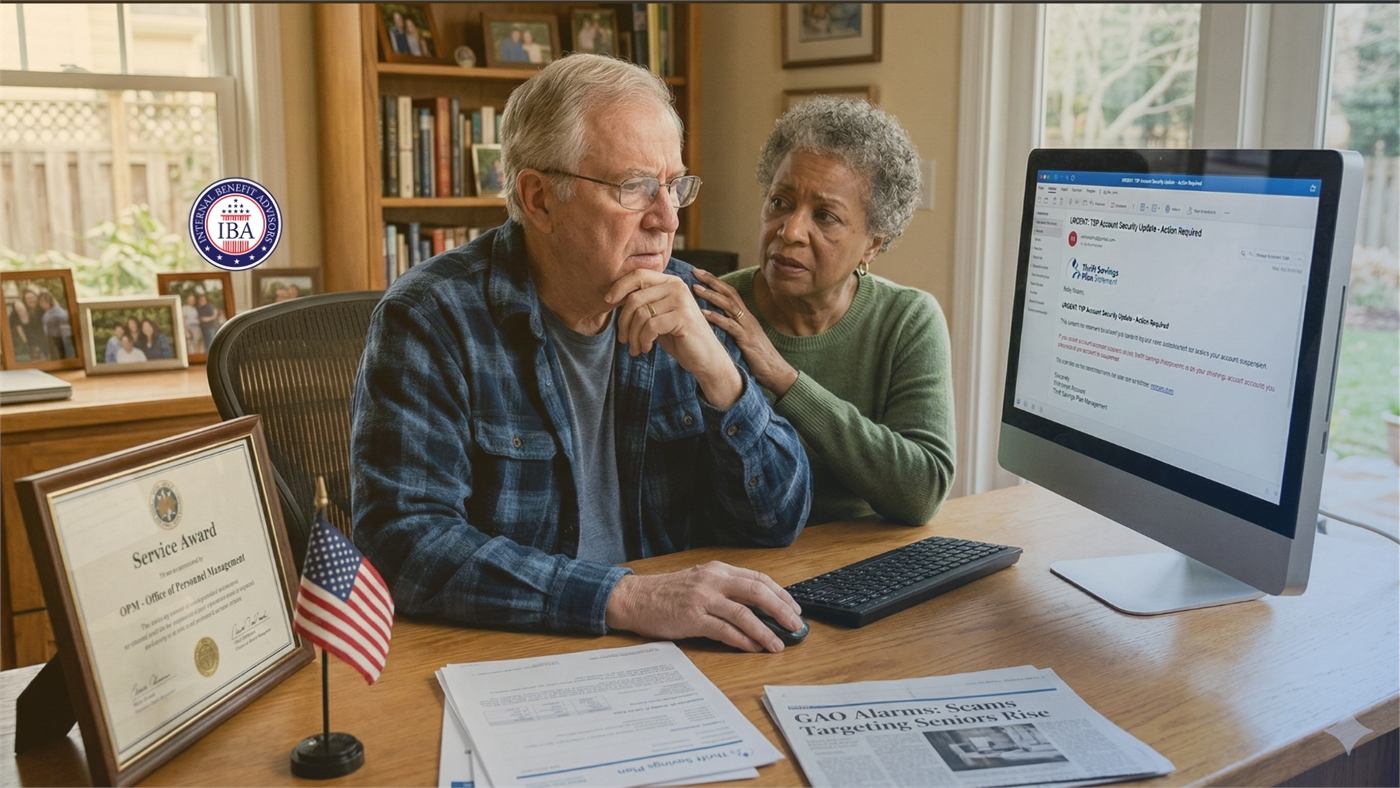 An older couple at a home computer reading a notice together, a service award and small flag on the desk