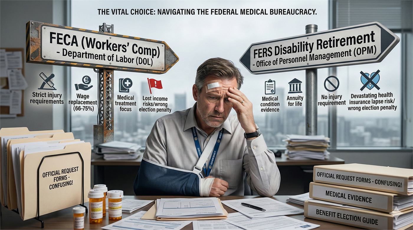 A man with an arm in a sling at a desk of medical paperwork, beneath signposts reading FECA Workers' Comp, Department of Labor and FERS Disability Retirement, Office of Personnel Management