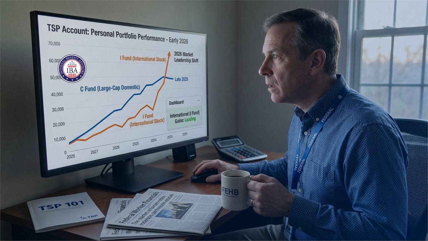 A man at a monitor showing a TSP personal portfolio performance chart comparing the C Fund and I Fund