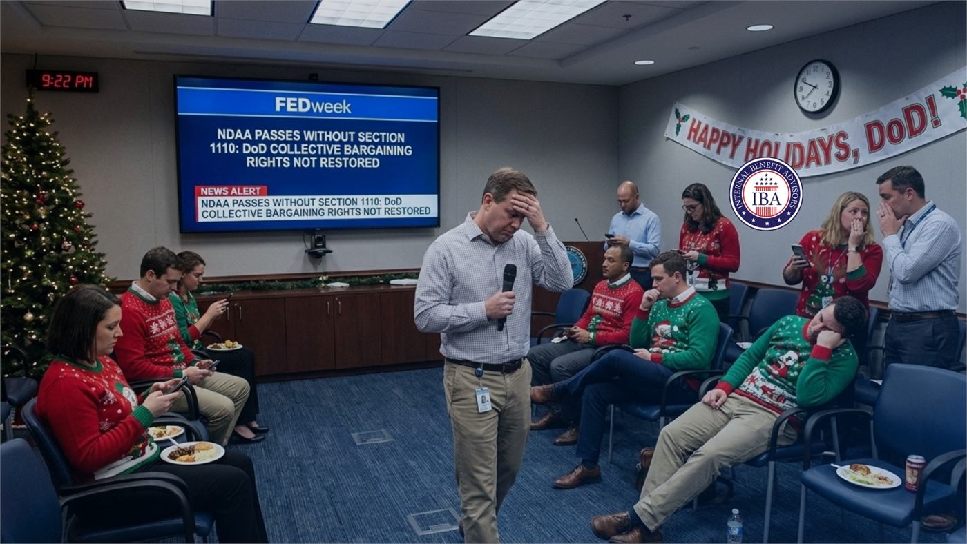 A man speaking into a microphone at an office holiday gathering beneath a news screen about the NDAA passing without restored DoD collective bargaining rights