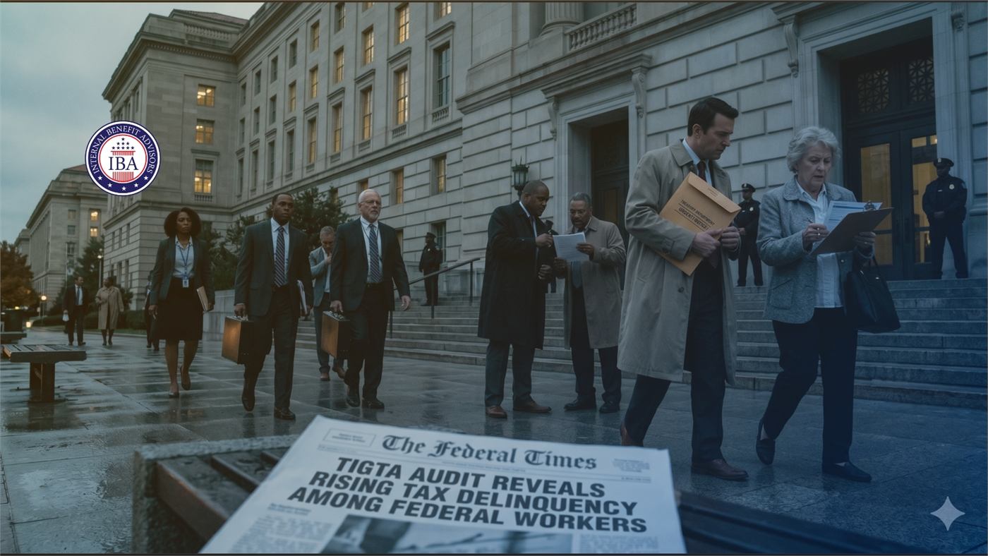 Federal employees leaving a building past a newspaper headline reading TIGTA Audit Reveals Rising Tax Delinquency Among Federal Workers