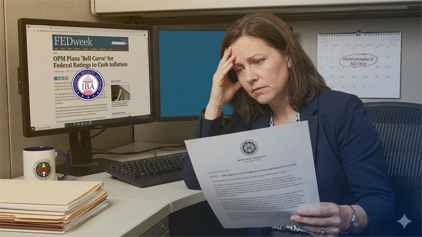 A woman at a desk holding a document, beside a screen reading OPM Plans Bell Curve for Federal Ratings to Curb Inflation