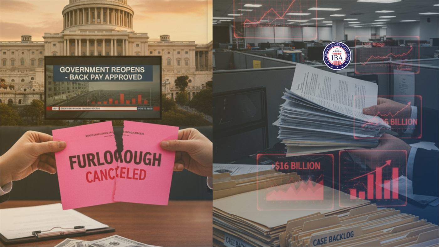 Hands tearing a pink furlough notice in half, beneath a screen reading Government Reopens, Back Pay Approved, beside a case backlog of files