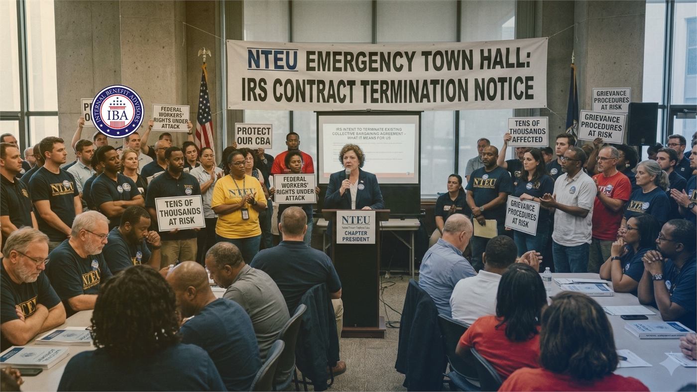 A crowded union town hall meeting beneath a banner reading NTEU Emergency Town Hall: IRS Contract Termination Notice